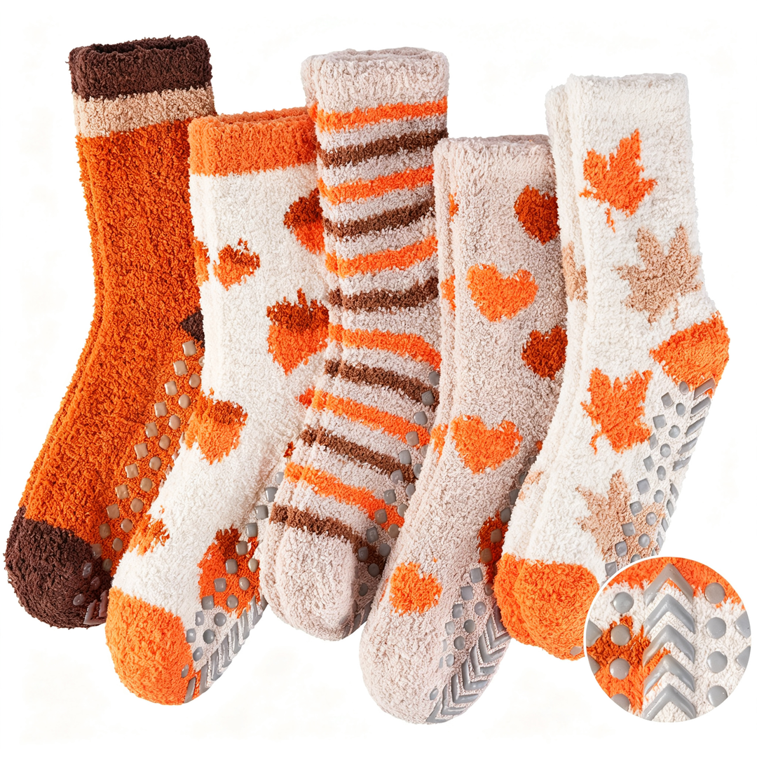 Seasonal  Cozy Coral Fleece Non-Slip Socks for Women · 5 Pair Set